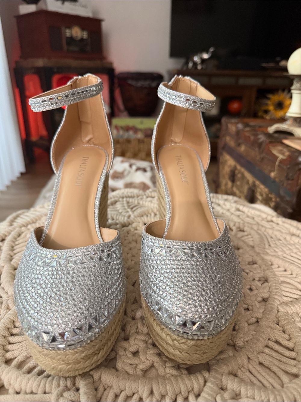 Thalia Sodi Silver Espadrille Wedge Sandals with Ankle Strap